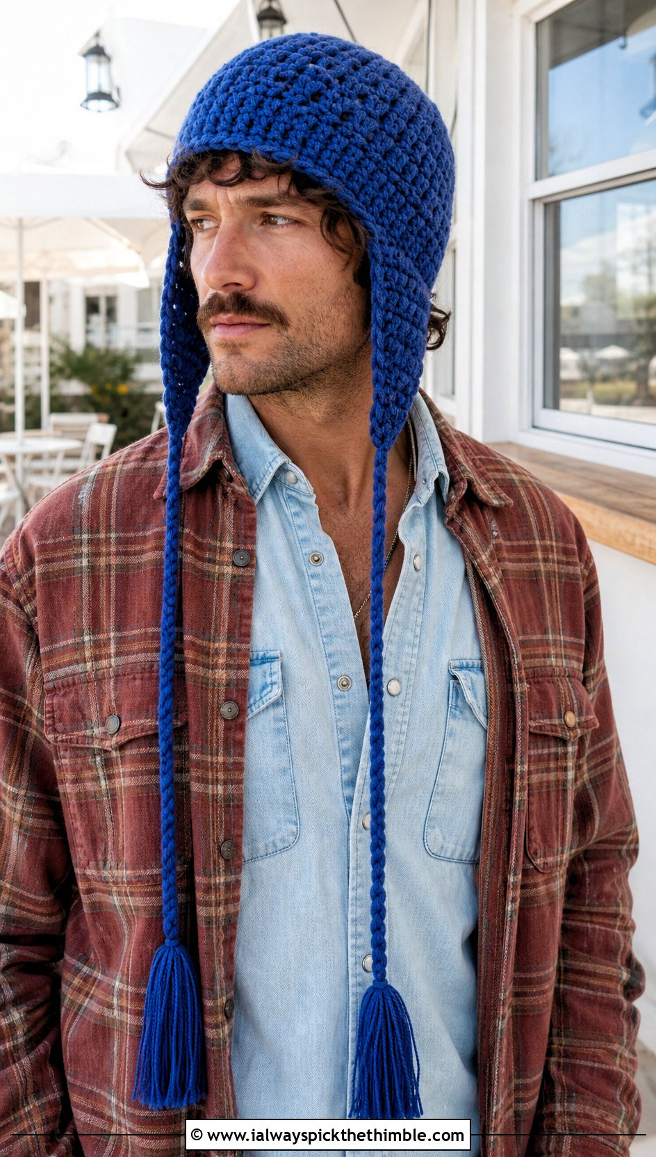 Tassel Tie Crochet Earflap Hat With Western Overshirt - 20 Mens Crochet Earflap Hat outfit ideas