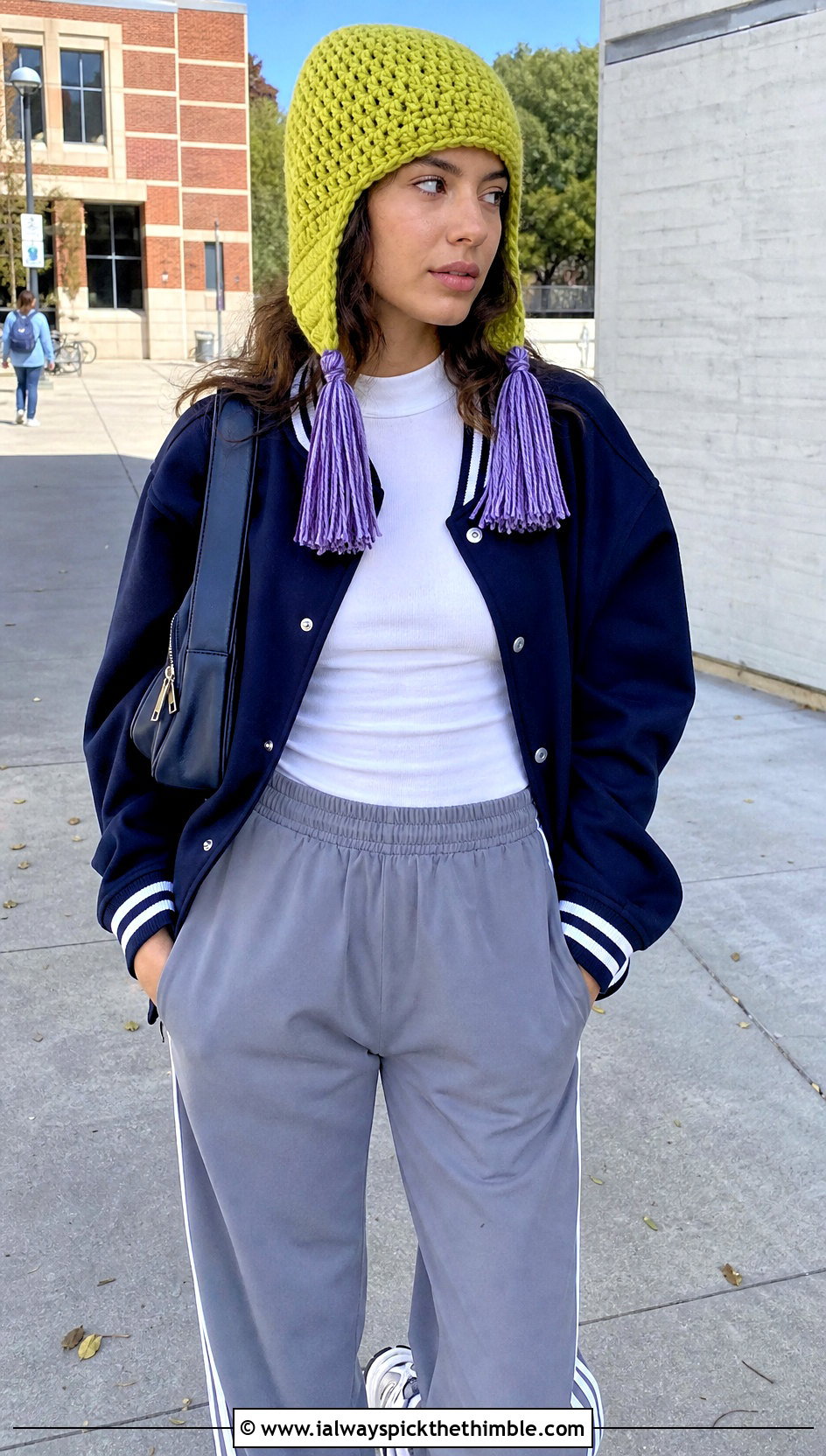 Tassel Tip Crochet Ear Flap Hat With Varsity Jacket - 20 crochet ear flap hat outfit ideas