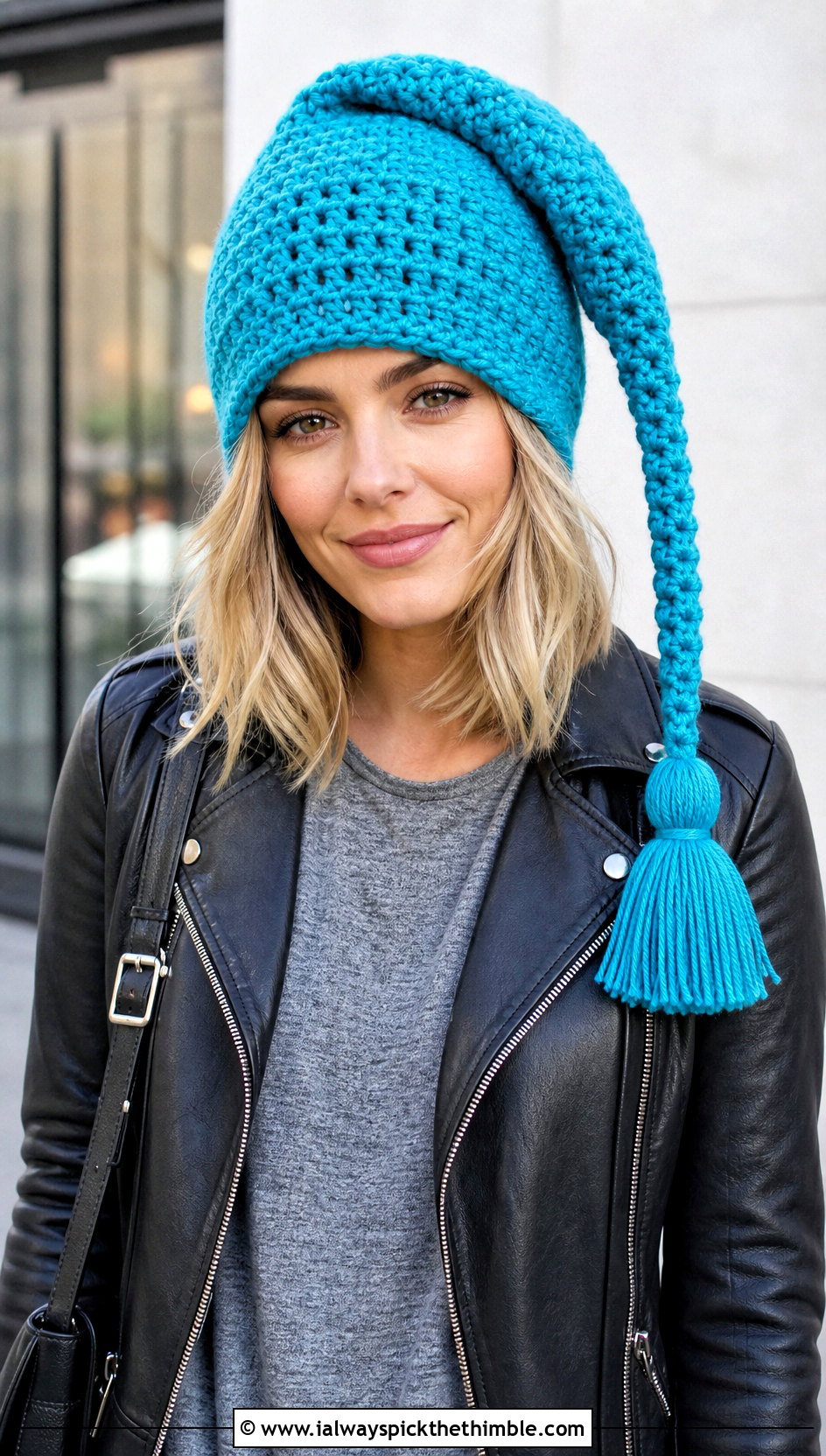 Tassel Tip Crochet Gnome Hat With Leather Jacket - 25 crochet gnome hat outfit ideas