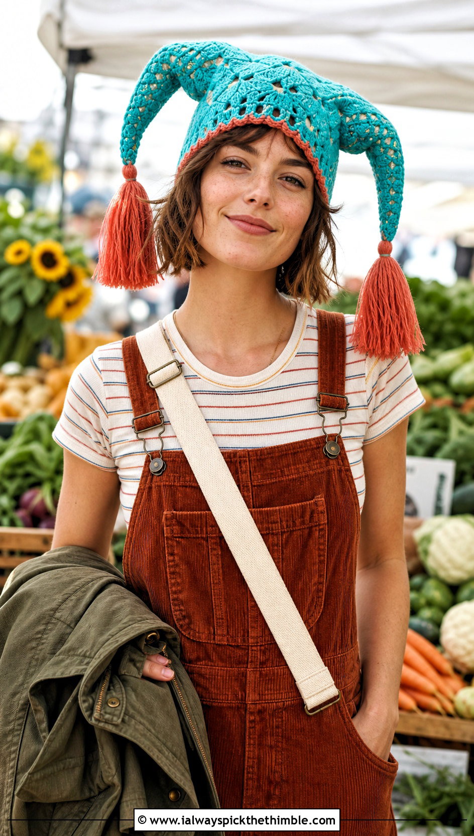 Tassel Tip Crochet Jester Hat With Corduroy Overalls - 25 crochet jester hat outfit ideas