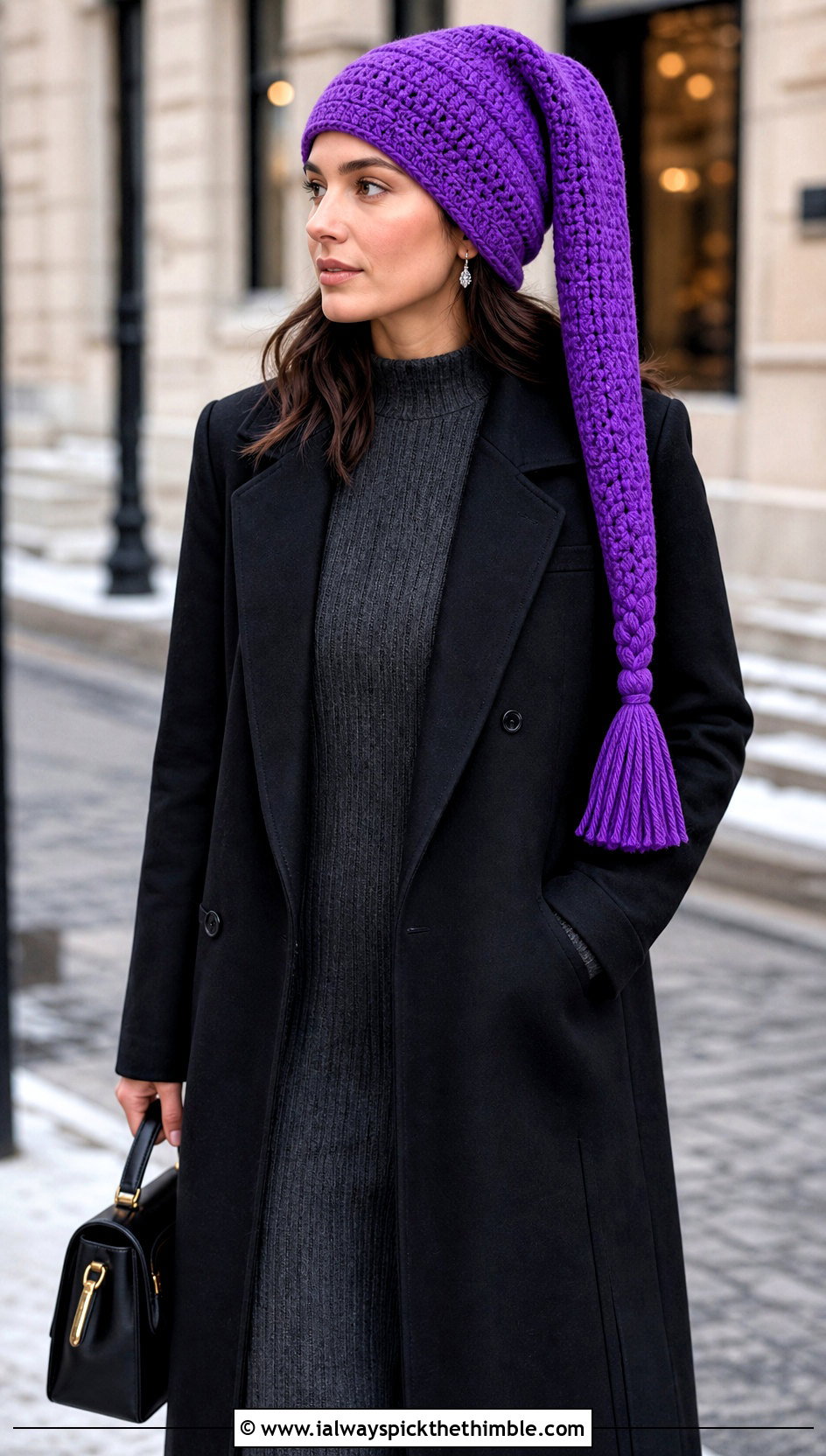 Tassel Tip Crochet Long Stocking Cap With Sweater Dress - 20 Crochet Long Stocking Cap outfit ideas