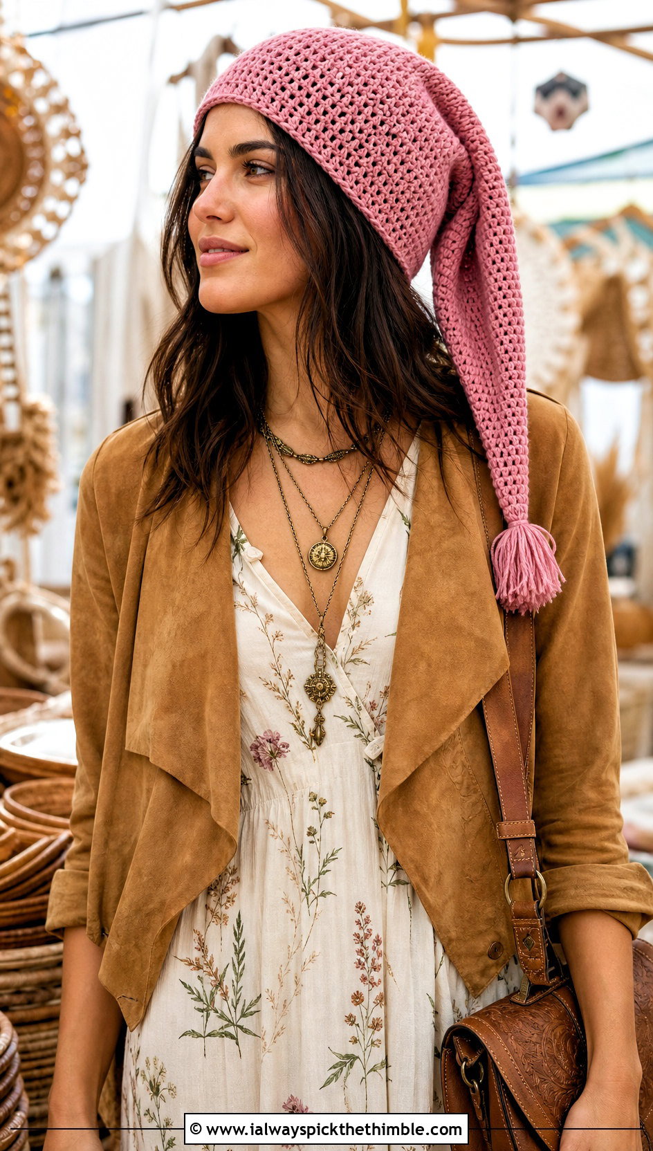 Tassel Tip Crochet Phrygian Cap With Maxi Dress And Suede Jacket - 15 crochet phrygian cap outfit ideas