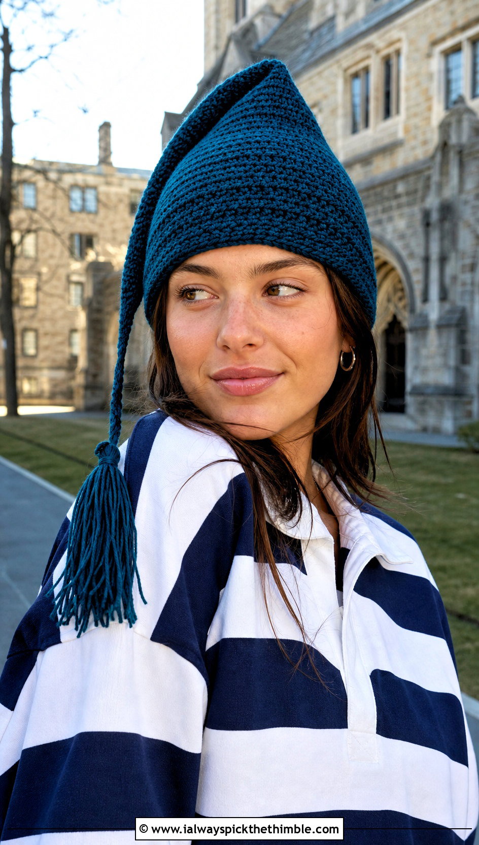 Tassel Tip Crochet Pointed Hat With Rugby Shirt - 20 Crochet Pointed Hat outfit ideas