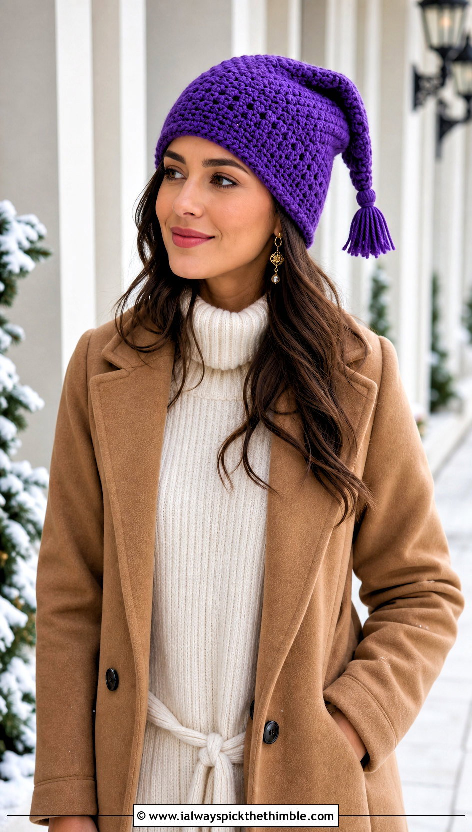 Tassel Tip Crochet Stocking Hat With Sweater Dress - 20 easy crochet stocking hat outfit ideas