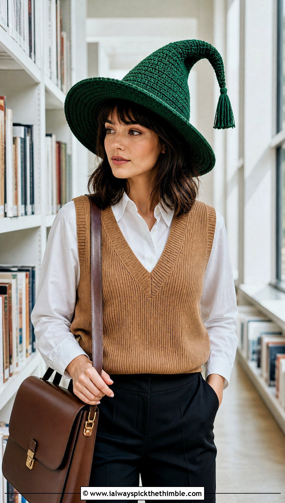 Tassel Tip Crochet Witch Hat With Knit Vest - 25 crochet witches hat outfit ideas