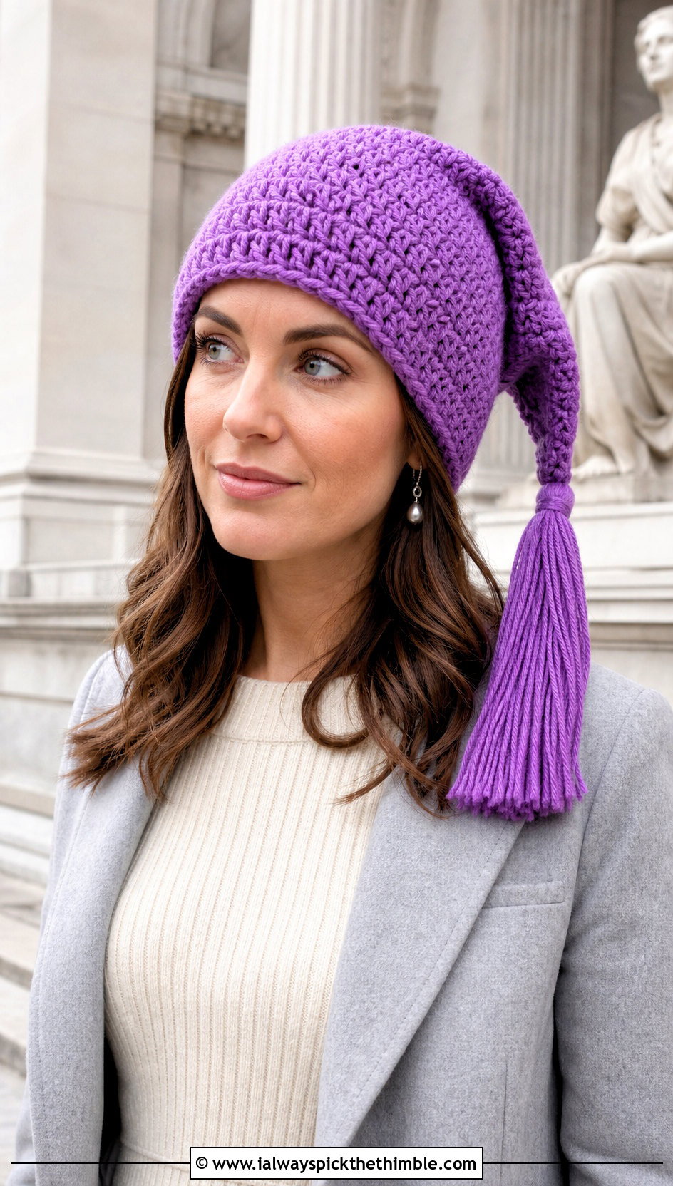 Tassel Tip Crocheted Stocking Cap With Sweater Dress - 15 Crocheted Stocking Cap outfit ideas