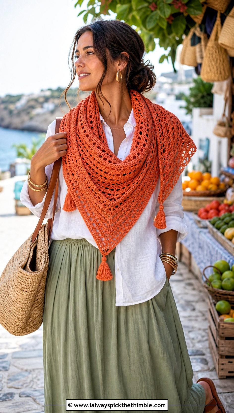 Tassel Triangle Crochet Shawl With Linen Shirt And Maxi Skirt - 15 Beginner Triangle Crochet Shawl outfit ideas