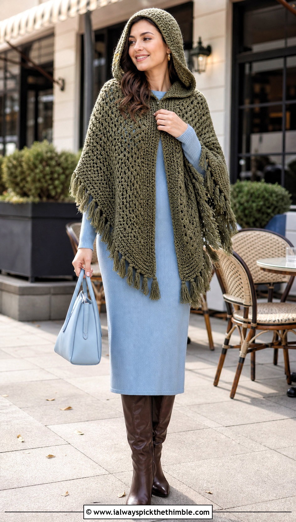 Tassel Trim Crochet Poncho With Hood and Knit Midi Dress - 25 crochet poncho with hood outfit ideas