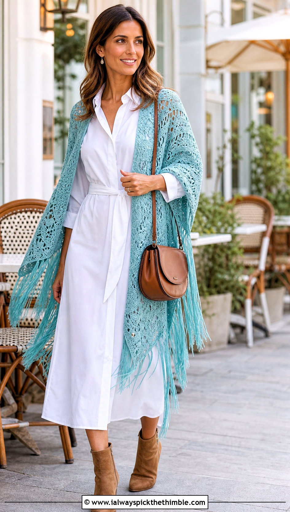 Tassel Trim Crochet Shawl With Shirt Dress - 20 Crochet A Shawl outfit ideas