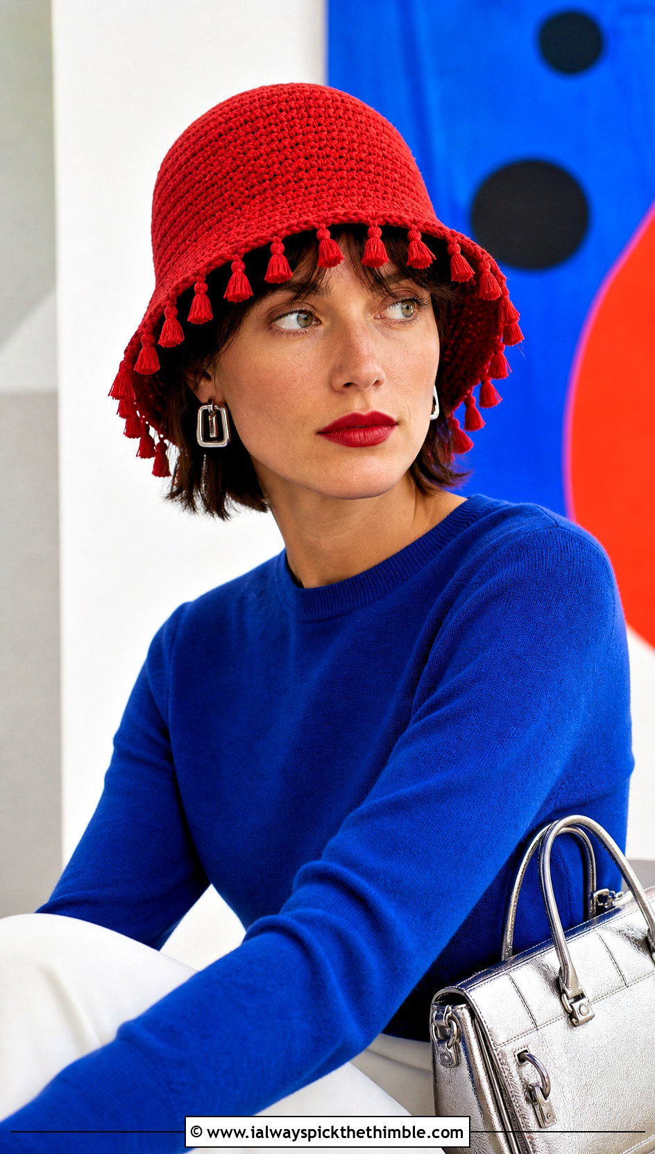 Tassel Trim Red Crochet Bucket Hat With Cobalt Sweater - 20 red crochet bucket hat outfit ideas