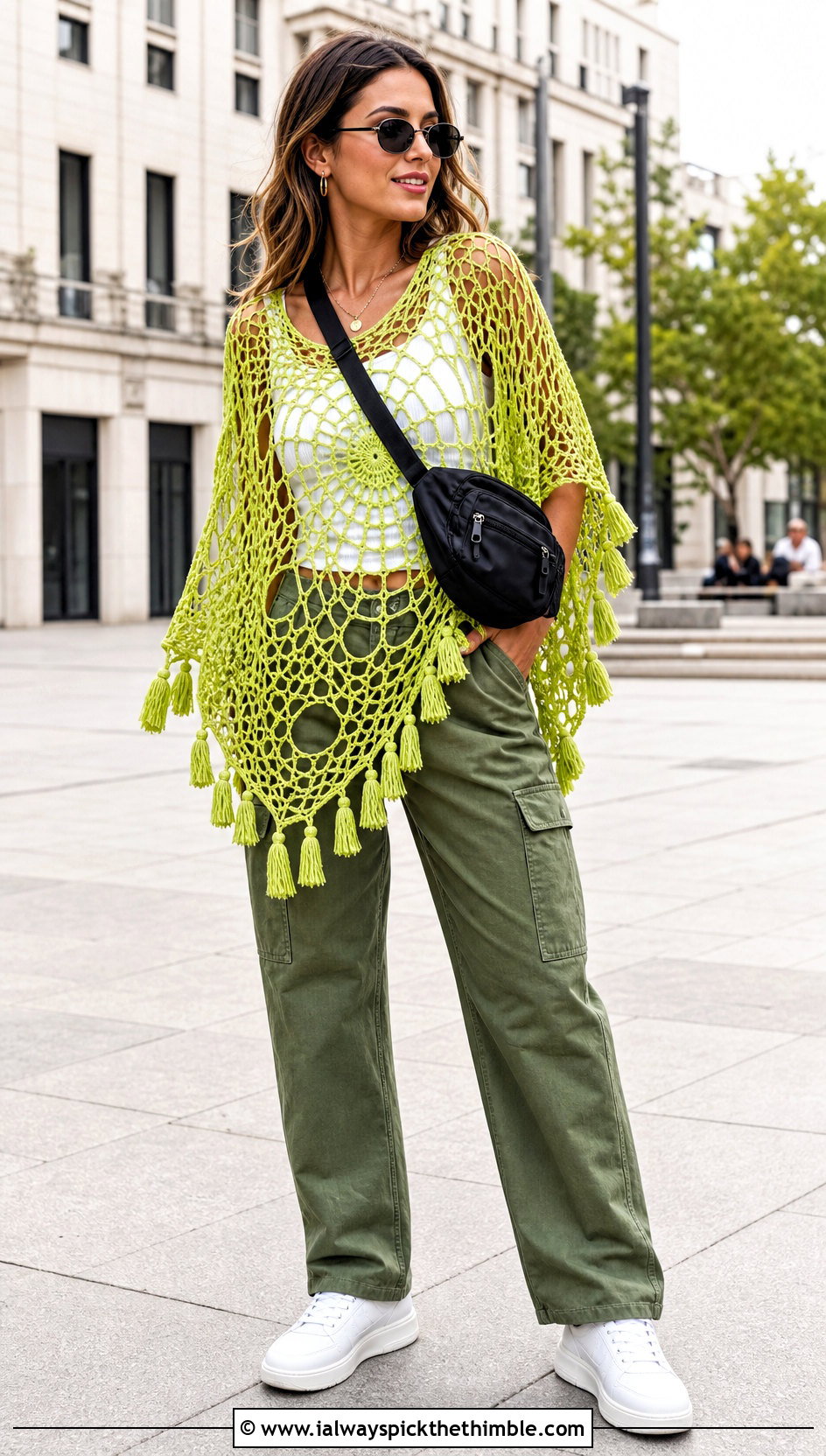 Tassel Trim Spider Web Crochet Poncho With Cargo Pants - 20 Spider Web Crochet Poncho outfit ideas