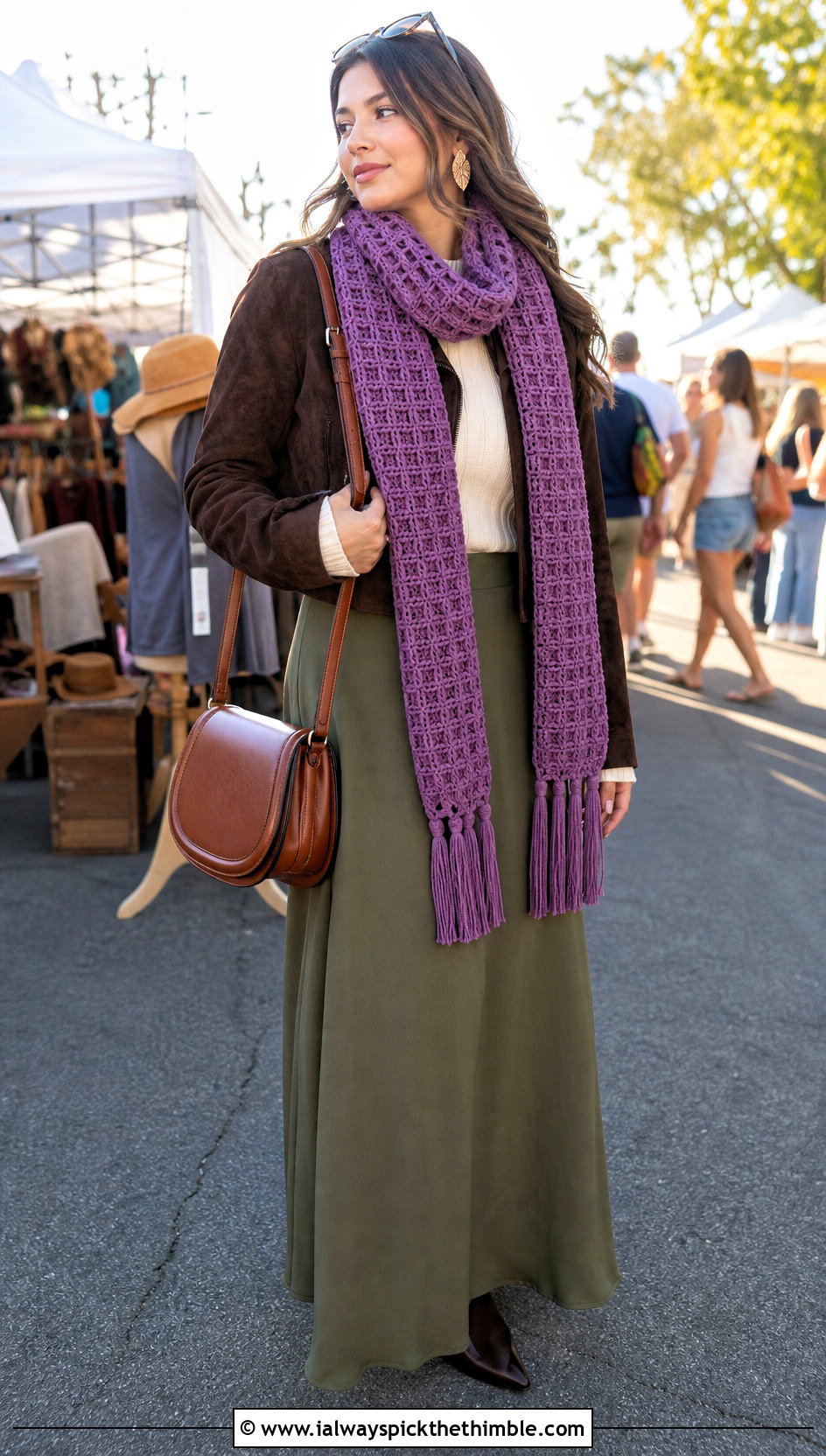 Tassel Waffle Stitch Crochet Scarf With Suede Jacket - 20 waffle stitch crochet scarf outfit ideas