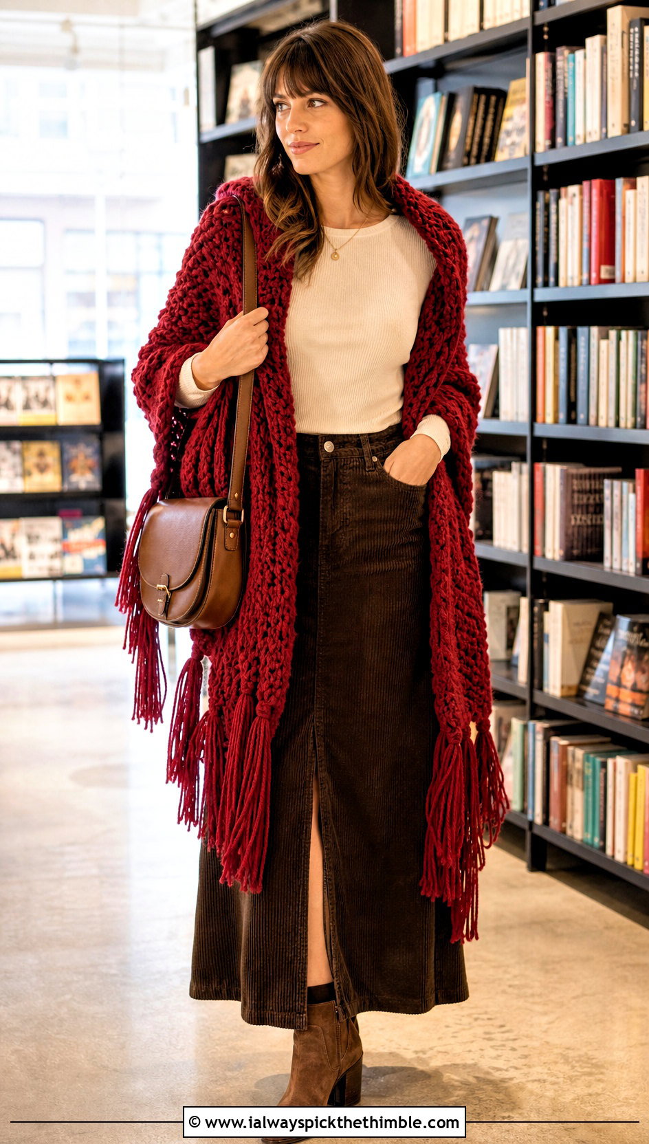 Tasseled Bulky Yarn Crochet Shawl With Corduroy Maxi Skirt - 20 Bulky Yarn Crochet Shawl outfit ideas