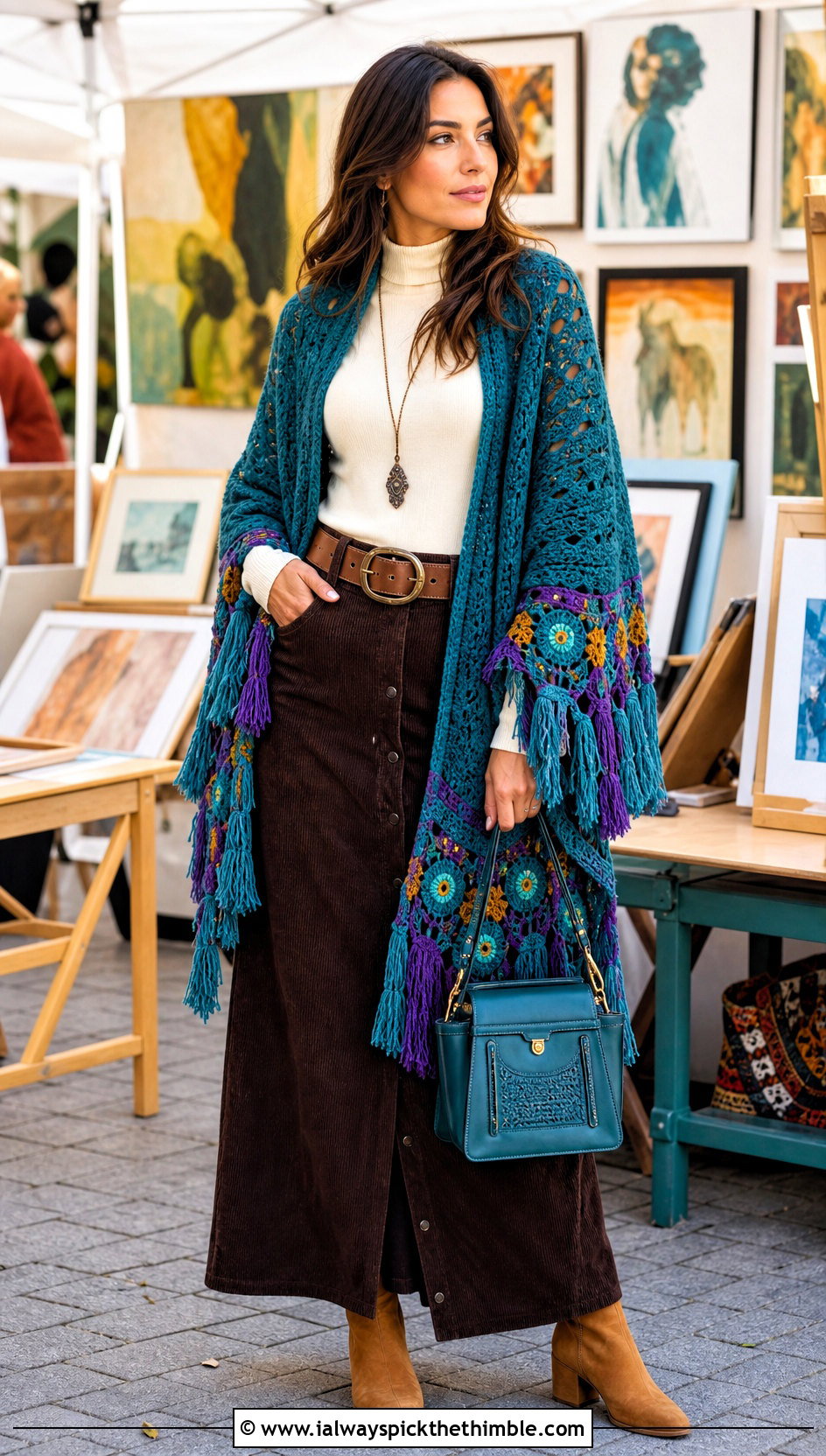 Tasseled Crochet Chunky Shawl With Maxi Skirt - 20 Crochet Chunky Shawl outfit ideas