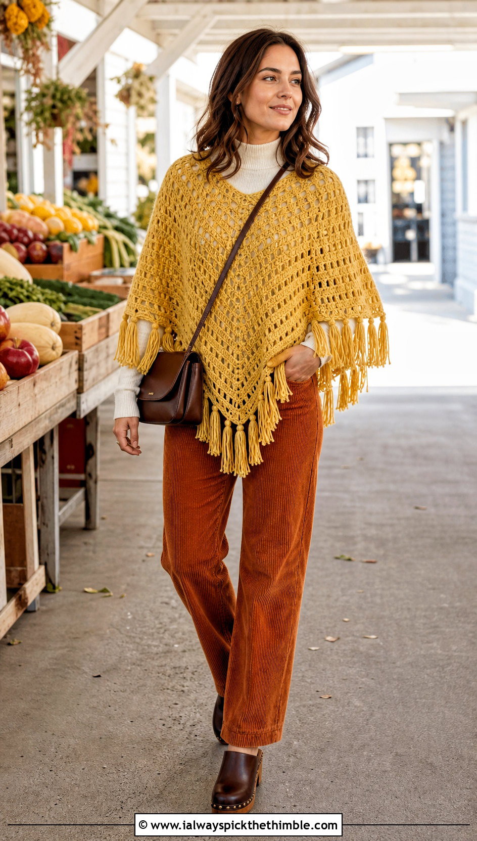 Tasseled Crochet Poncho With Corduroy Pants - 25 easy crochet poncho outfit ideas