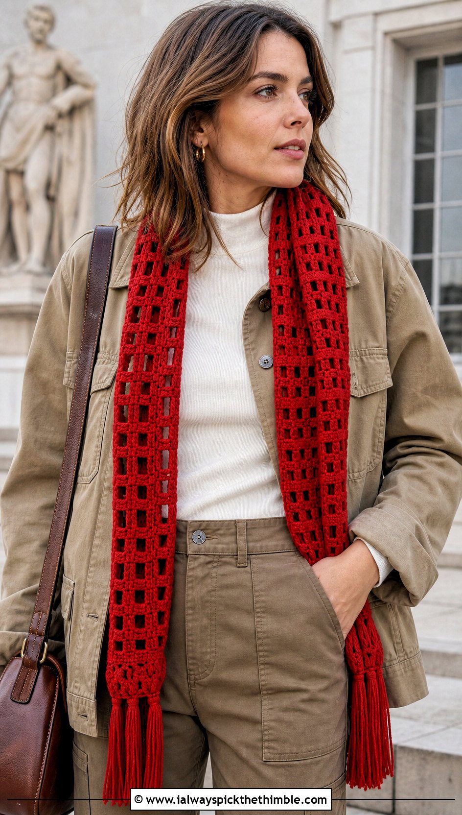 Tasseled Crochet Windowpane Scarf With Chore Jacket - 15 crochet windowpane scarf outfit ideas