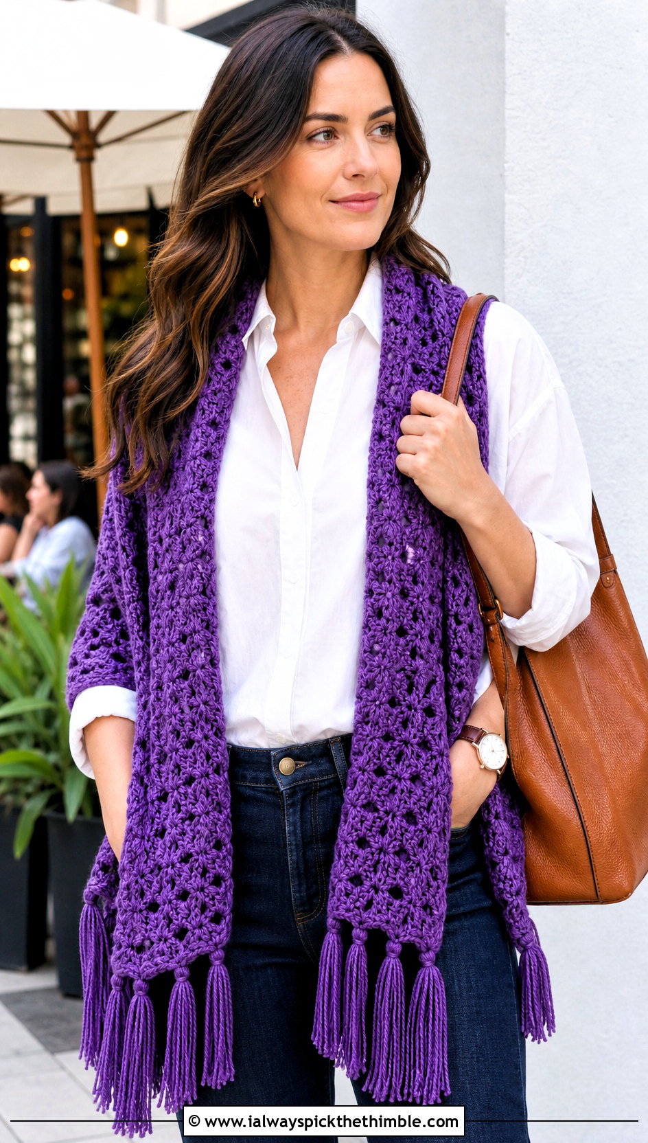 Tasseled Crocodile Stitch Crochet Shawl With White Shirt - 15 crocodile stitch crochet shawl outfit ideas