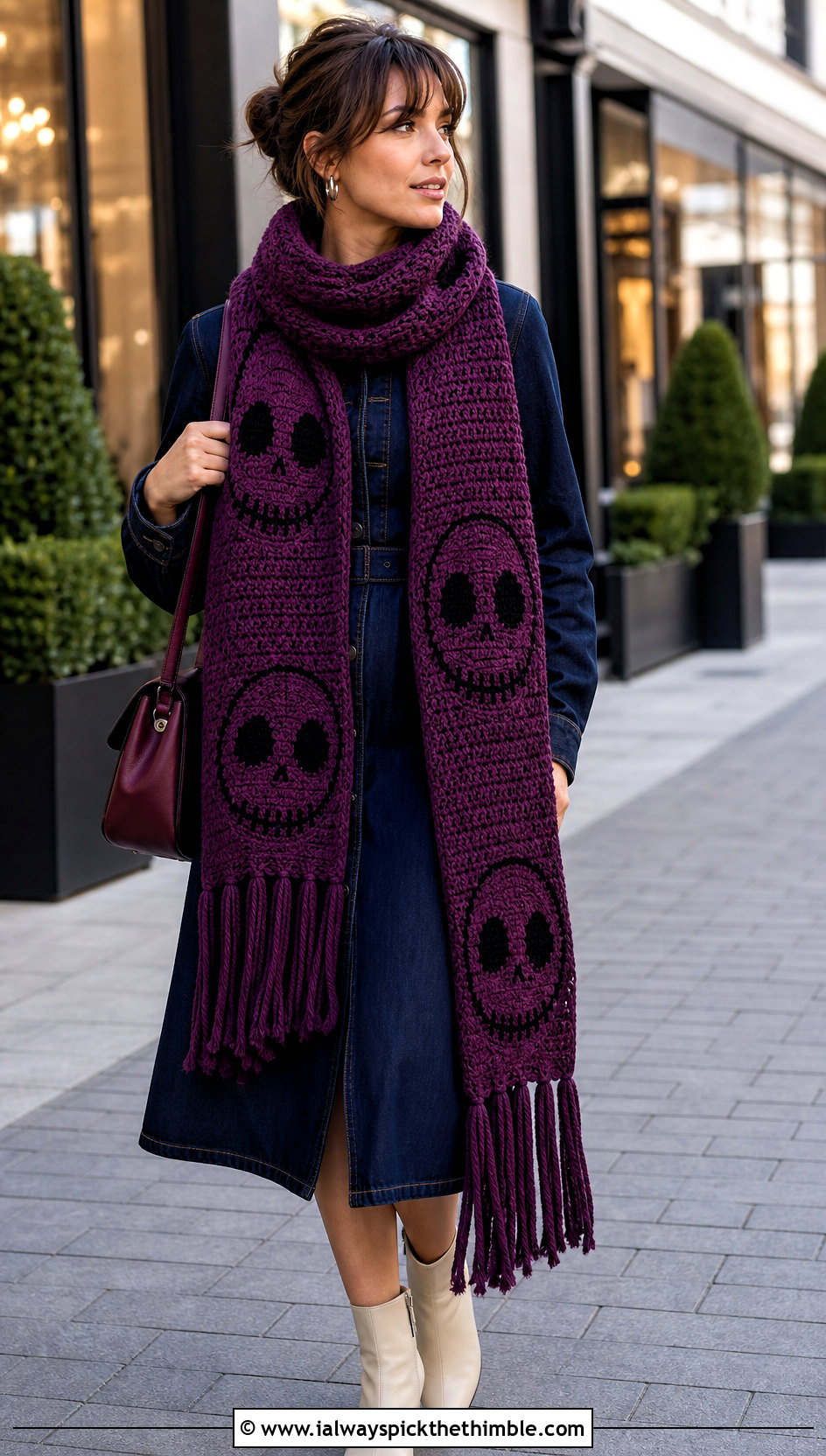 Tasseled Jack Skellington Crochet Scarf With Denim Dress - 20 Crochet Jack Skellington Scarf outfit ideas