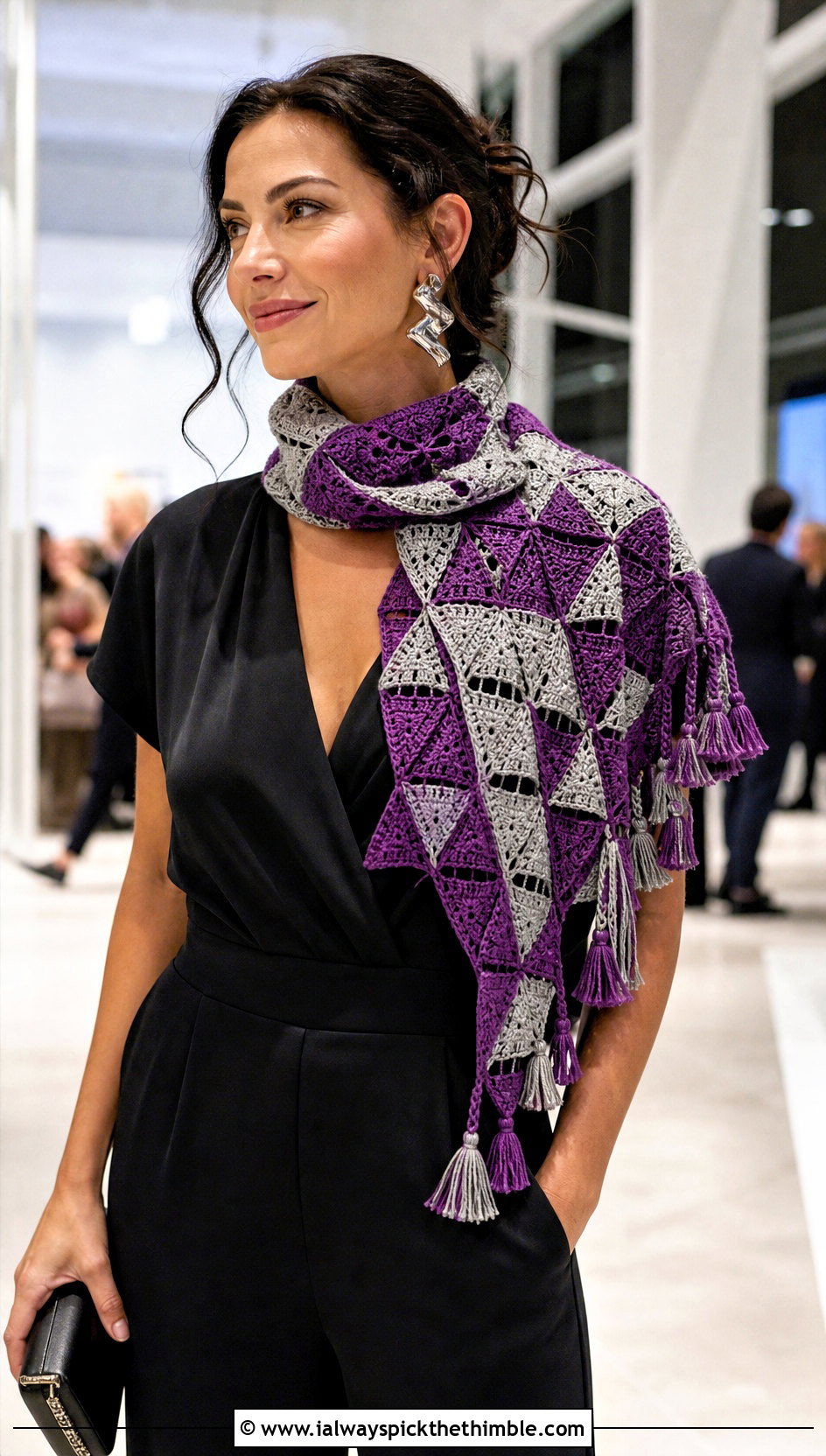 Tasseled Mosaic Crochet Scarf With Jumpsuit - 20 Mosaic Crochet Scarf outfit ideas