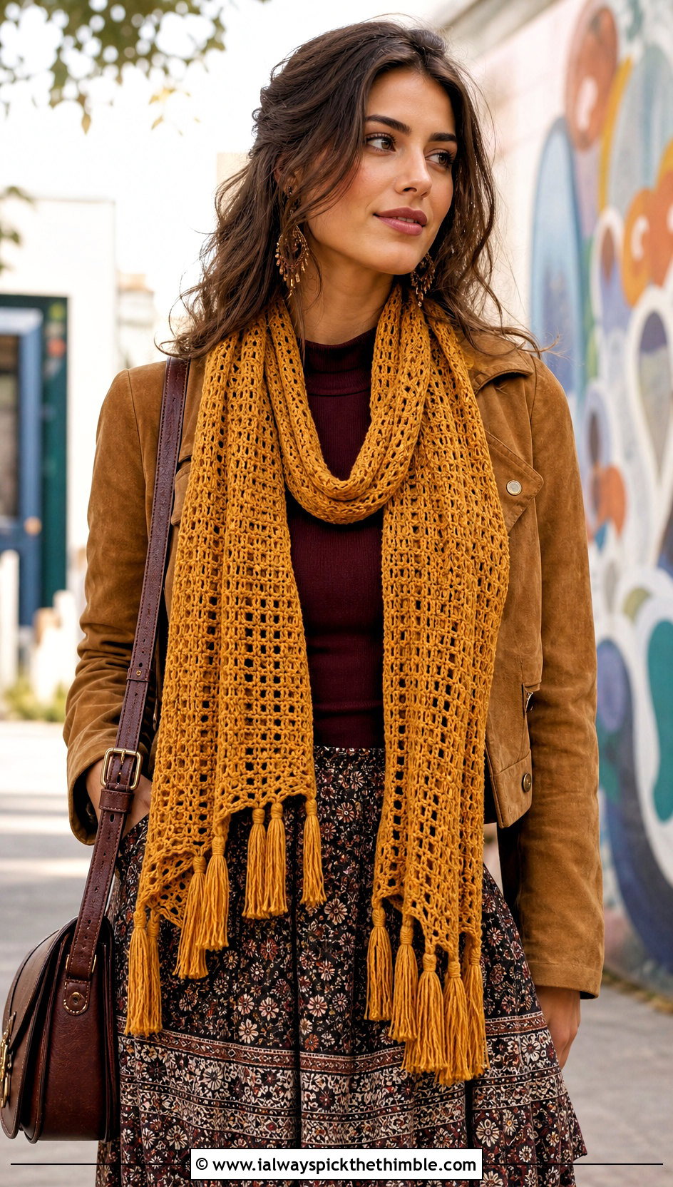 Tasseled Thermal Stitch Crochet Scarf With Boho Outfit - 20 Thermal Stitch Crochet Scarf outfit ideas