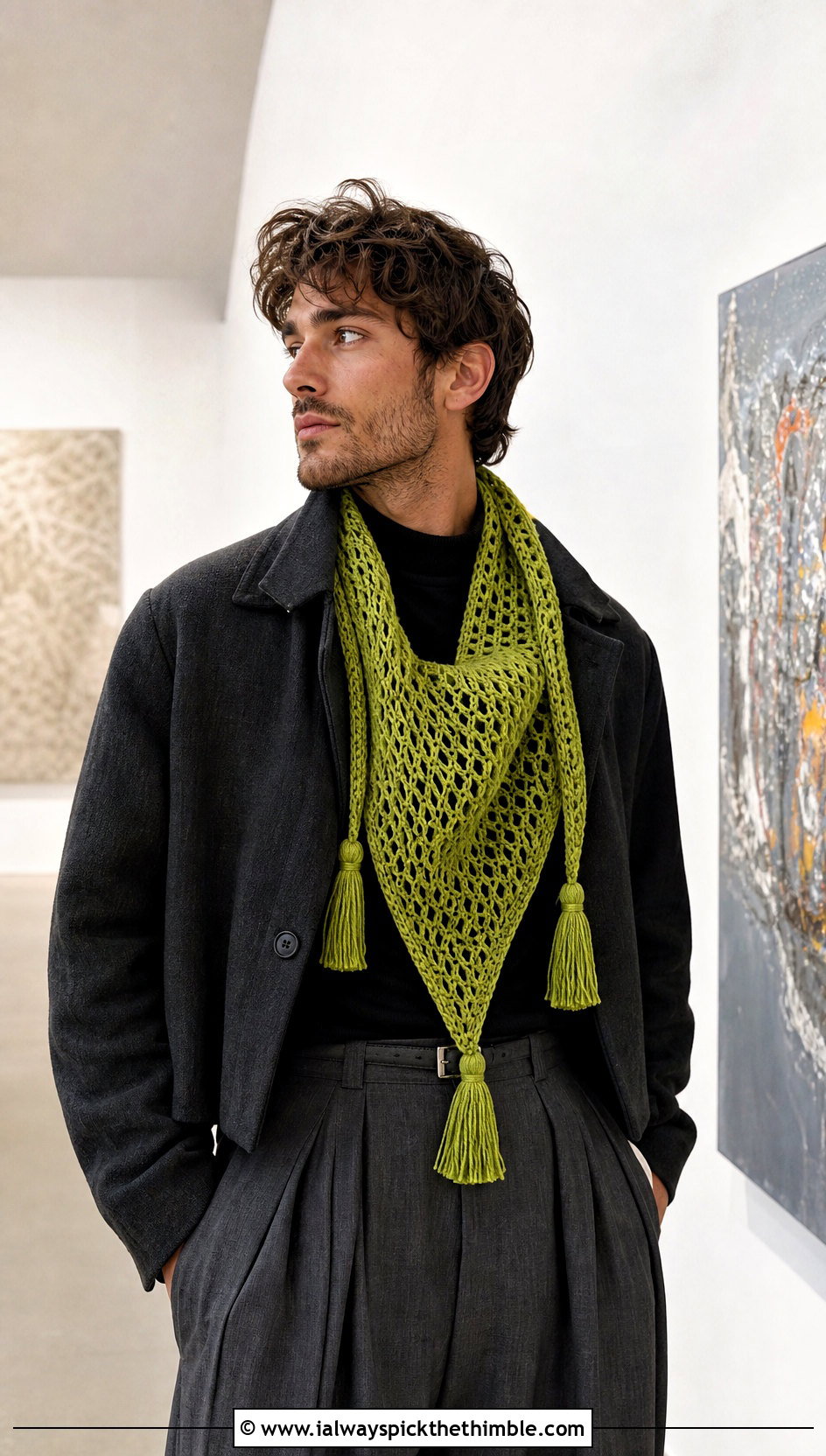 Tasseled Triangle Crochet Scarf With Gallery Outfit - 20 men's crocheted scarf outfit ideas