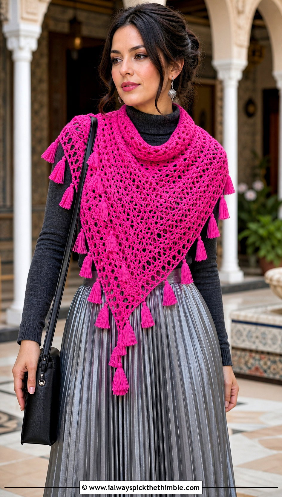 Tasseled V Stitch Scarf With Pleated Skirt - 20 crochet v stitch scarf outfit ideas