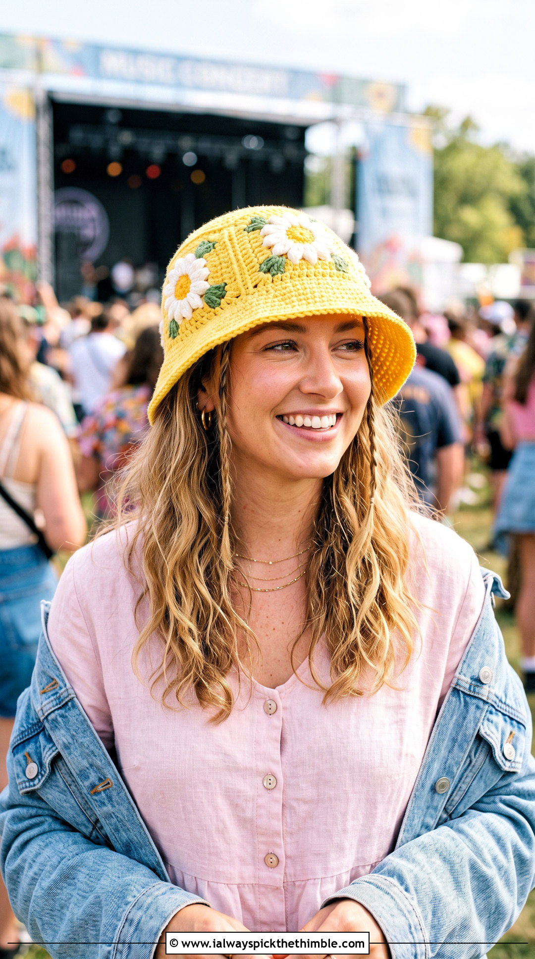 Taylor Swift Daisy Crochet Bucket Hat With Denim Skirt - 20 Taylor Swift Crochet Hat outfit ideas