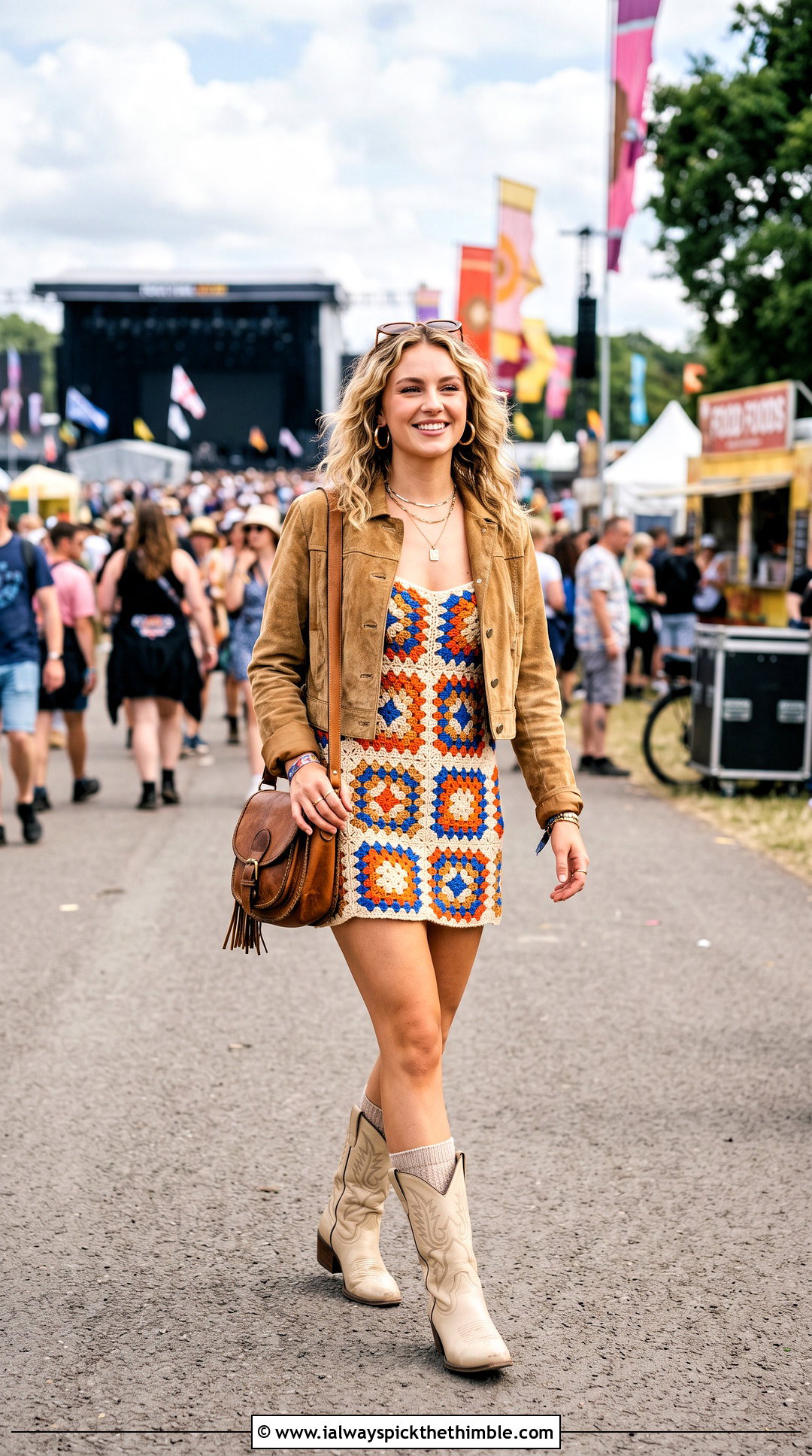 Taylor Swift Granny Square Crochet Mini Dress With Cowboy Boots - 20 Taylor Swift Crochet Dress outfit ideas