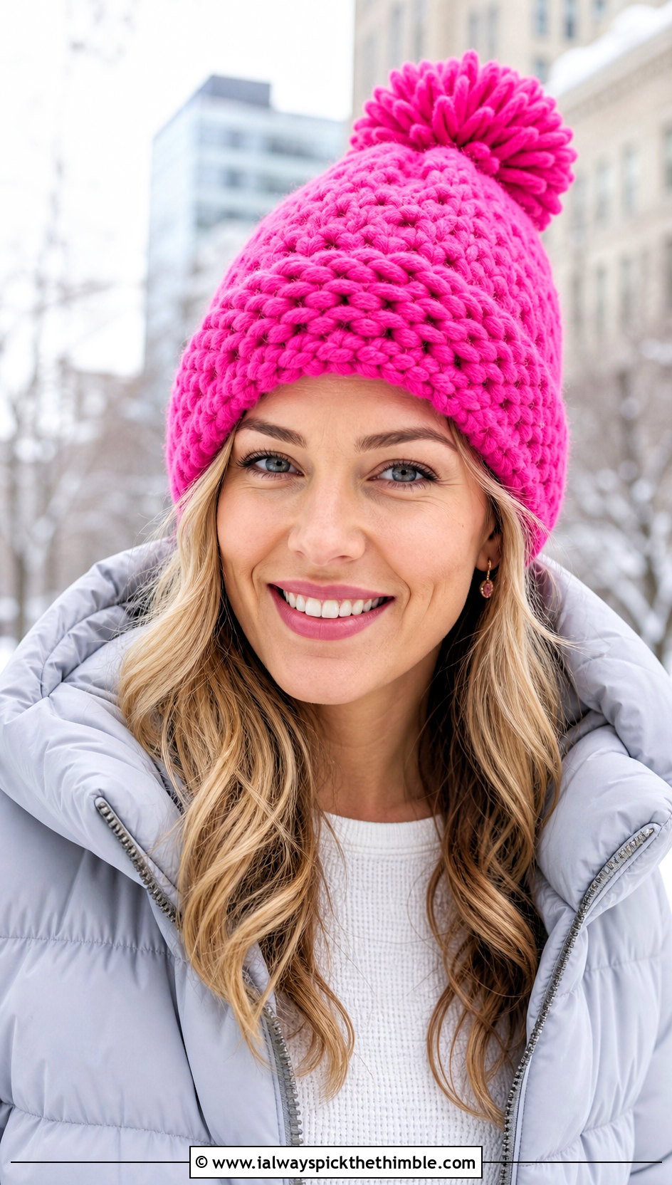 Taylor Swift Pom Pom Crochet Beanie With Puffer Coat - 20 Taylor Swift Crochet Hat outfit ideas