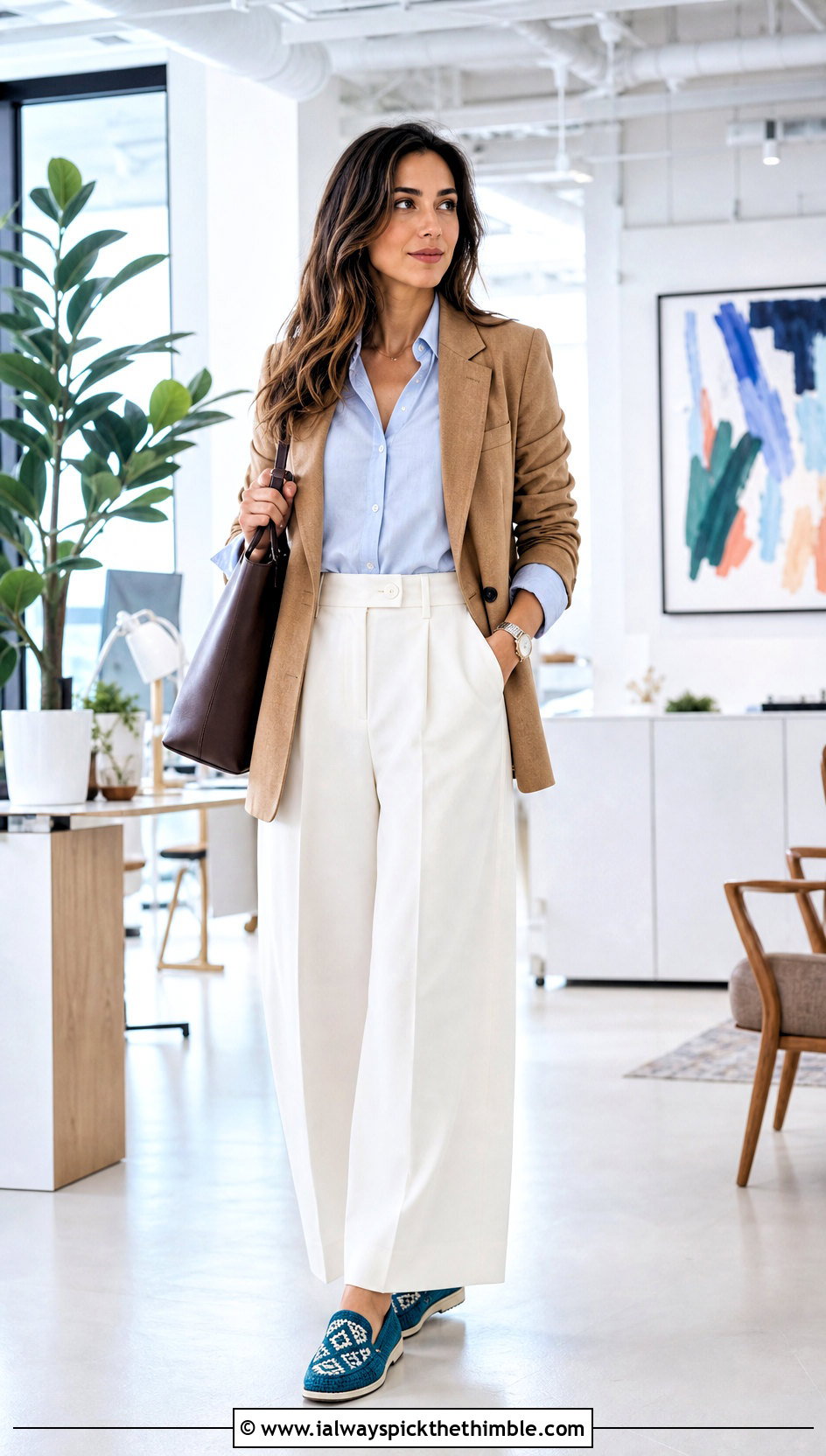 Teal And White Crochet Loafers With Tailored Trousers - 15 teal and white crochet shoes outfit ideas