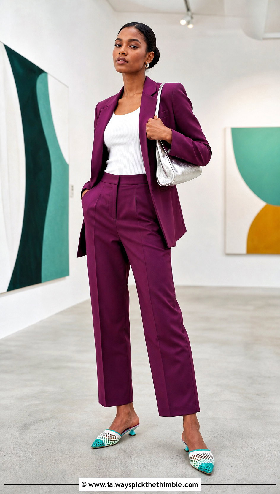 Teal And White Crochet Mules With A Pantsuit - 15 teal and white crochet shoes outfit ideas