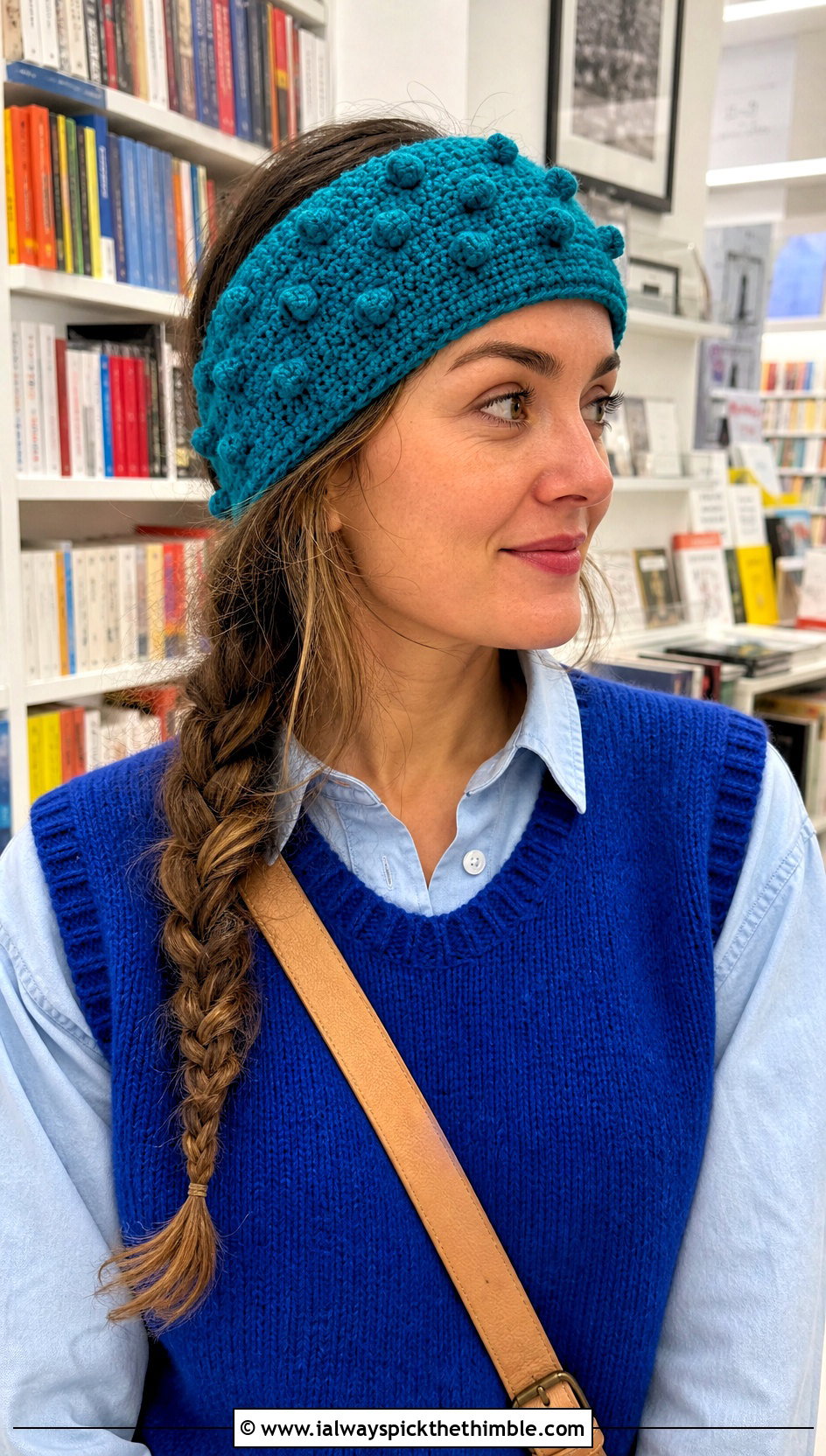 Teal Bobble Stitch Crochet Headband With Sweater Vest - 15 Teal Crochet Headband outfit ideas