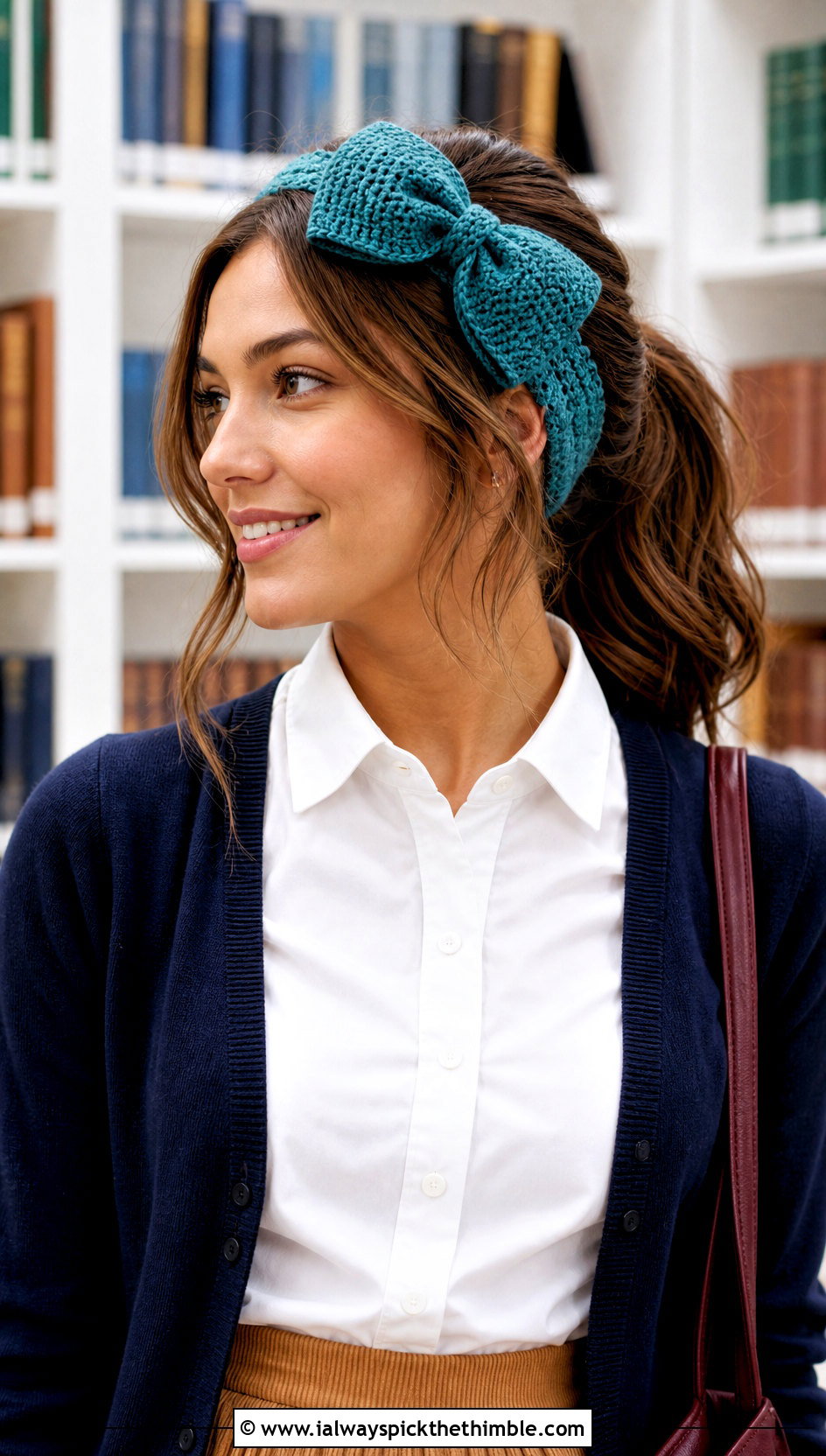 Teal Bow Crochet Headband With Cardigan And Midi Skirt - 15 Teal Crochet Headband outfit ideas