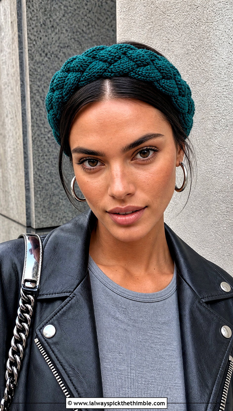 Teal Braided Crochet Headband With Leather Jacket - 15 Teal Crochet Headband outfit ideas