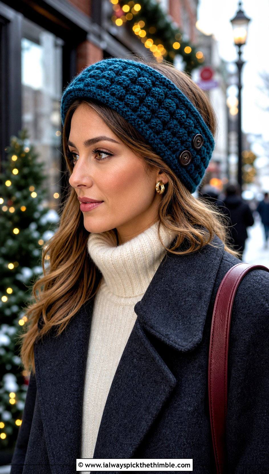 Teal Buttoned Crochet Ear Warmer With Wool Coat - 15 Teal Crochet Headband outfit ideas