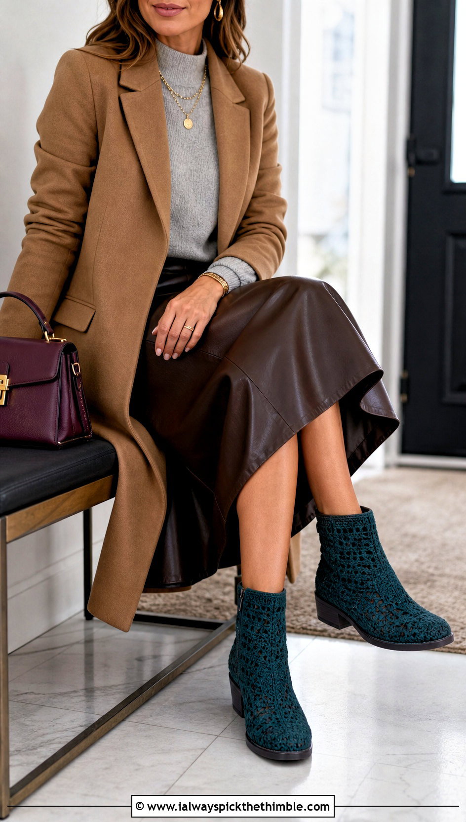 Teal Crochet Ankle Boots With A Leather Skirt - 15 Teal Crochet Shoes outfit ideas