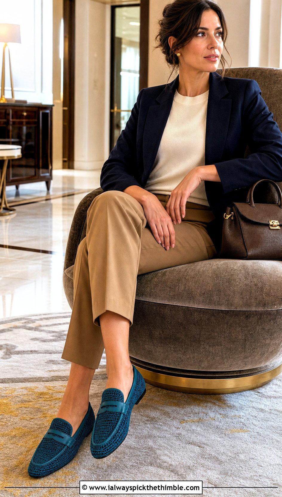 Teal Crochet Loafers With Tailored Trousers - 15 Teal Crochet Shoes outfit ideas