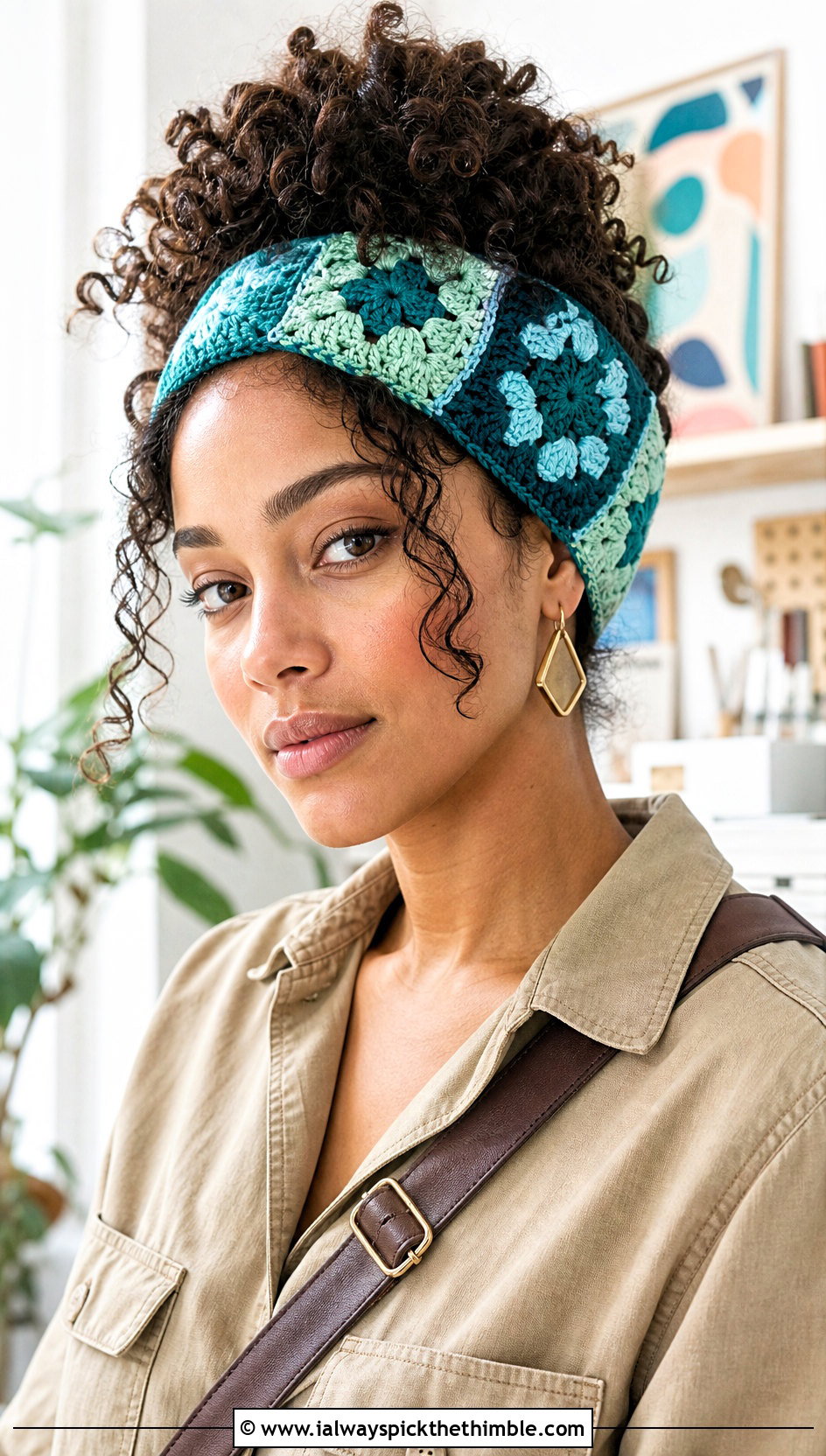 Teal Granny Square Crochet Headband With Utility Jumpsuit - 15 Teal Crochet Headband outfit ideas