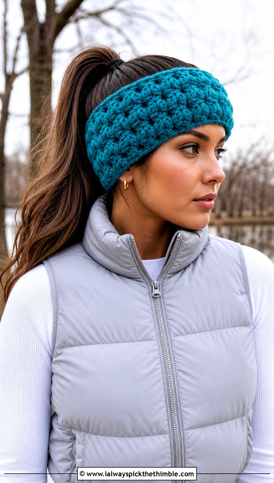 Teal Puff Stitch Crochet Headband With Puffer Vest - 15 Teal Crochet Headband outfit ideas
