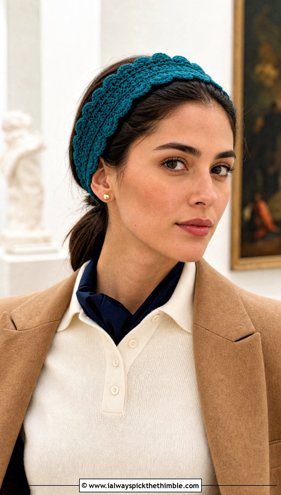 Teal Scalloped Crochet Headband With Polo Sweater - 15 Teal Crochet Headband outfit ideas