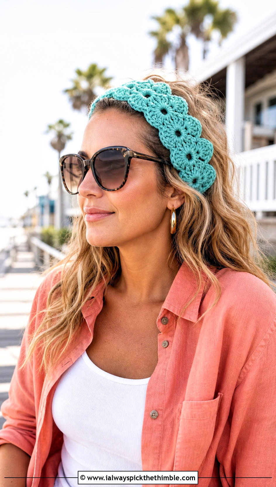 Teal Shell Stitch Crochet Headband With Beach Outfit - 15 Teal Crochet Headband outfit ideas