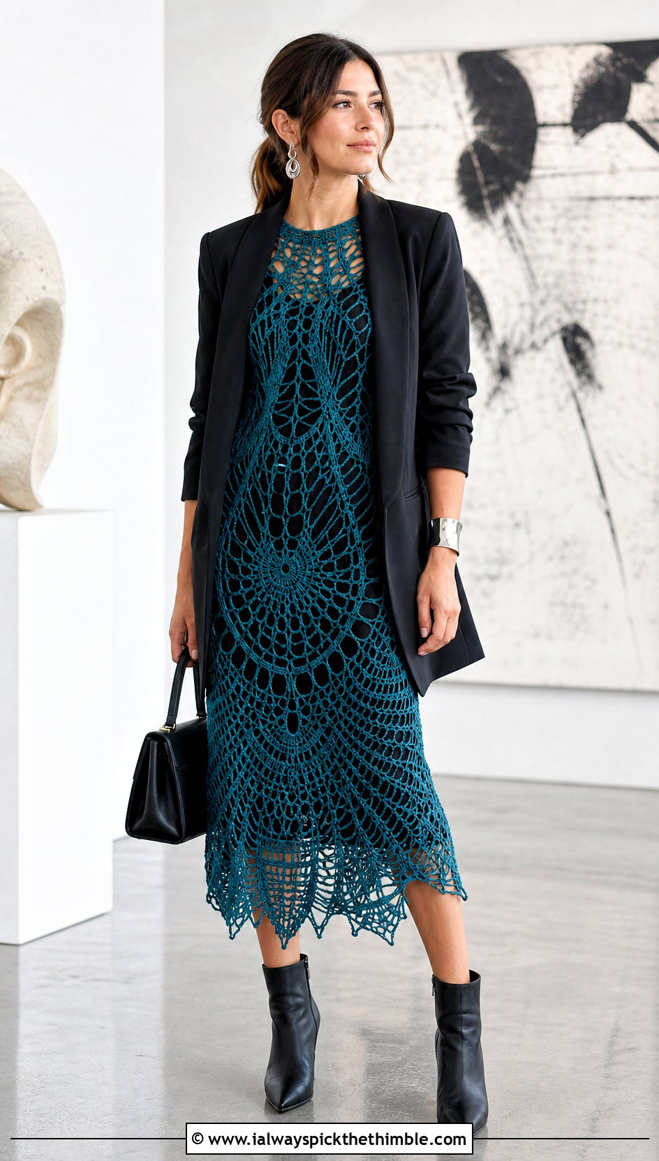Teal Spiderweb Crochet Midi Dress With Blazer - 15 goth crochet dress outfit ideas