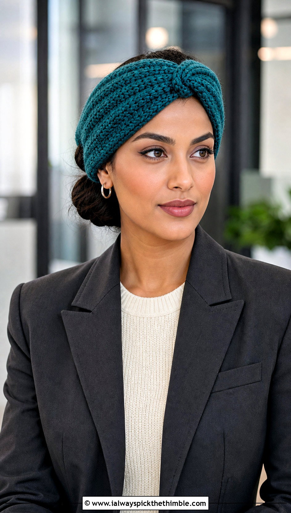 Teal Twisted Turban Crochet Headband With Blazer - 15 Teal Crochet Headband outfit ideas