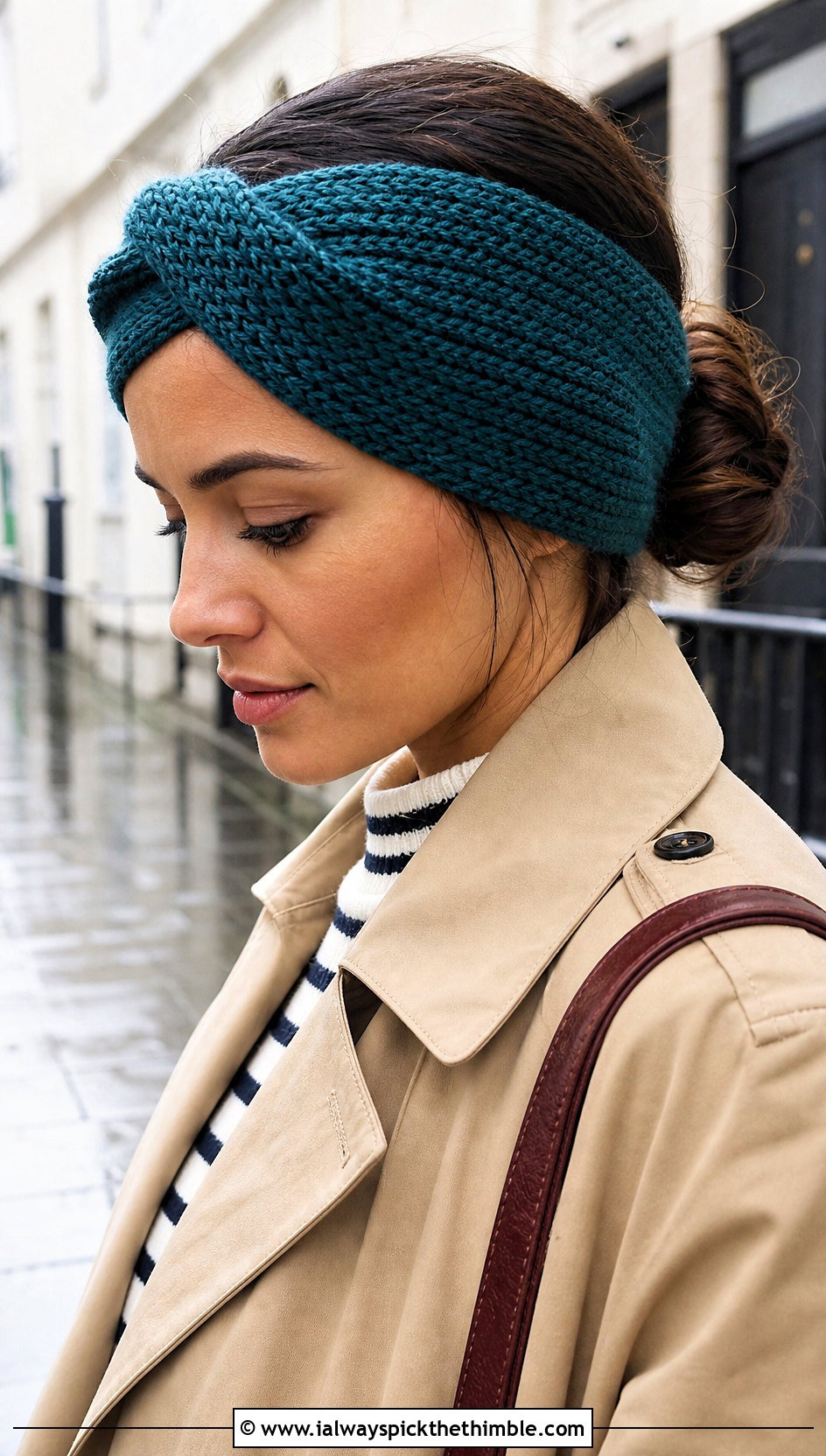 Teal Wide Wrap Crochet Headband With Trench Coat - 15 Teal Crochet Headband outfit ideas