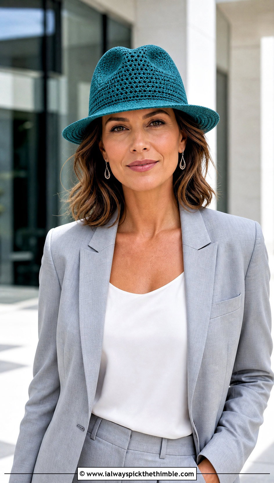 Teardrop Crown Crochet Fedora Hat With Tailored Suit - 20 crochet fedora hat outfit ideas