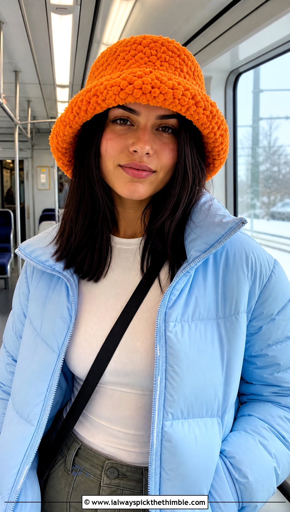Teddy Fuzzy Crochet Bucket Hat With Puffer Jacket - 20 fuzzy crochet bucket hat outfit ideas