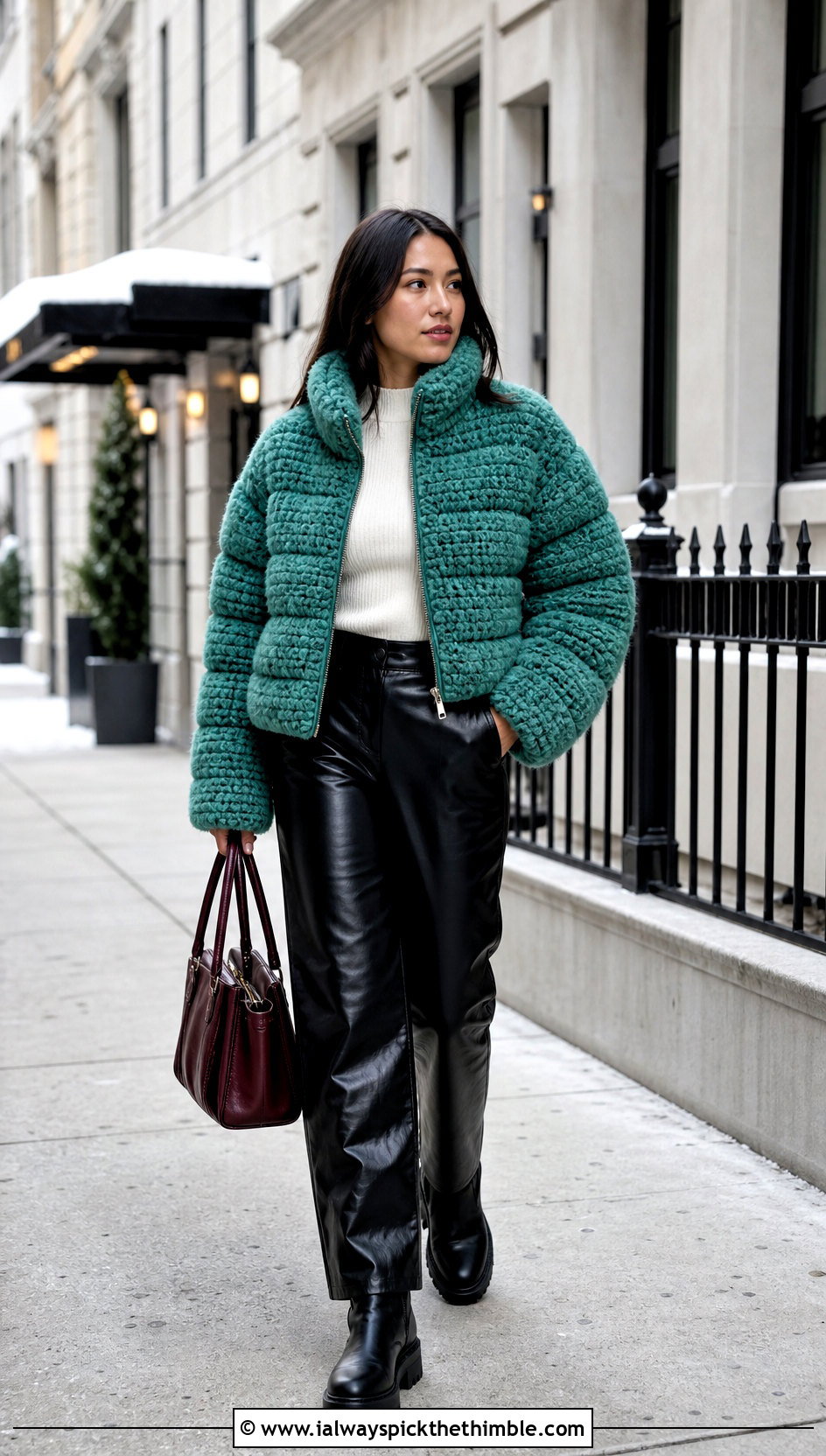 Teddy Texture Crochet Puffer Jacket With Leather Pants - 25 crochet puffer jacket outfit ideas