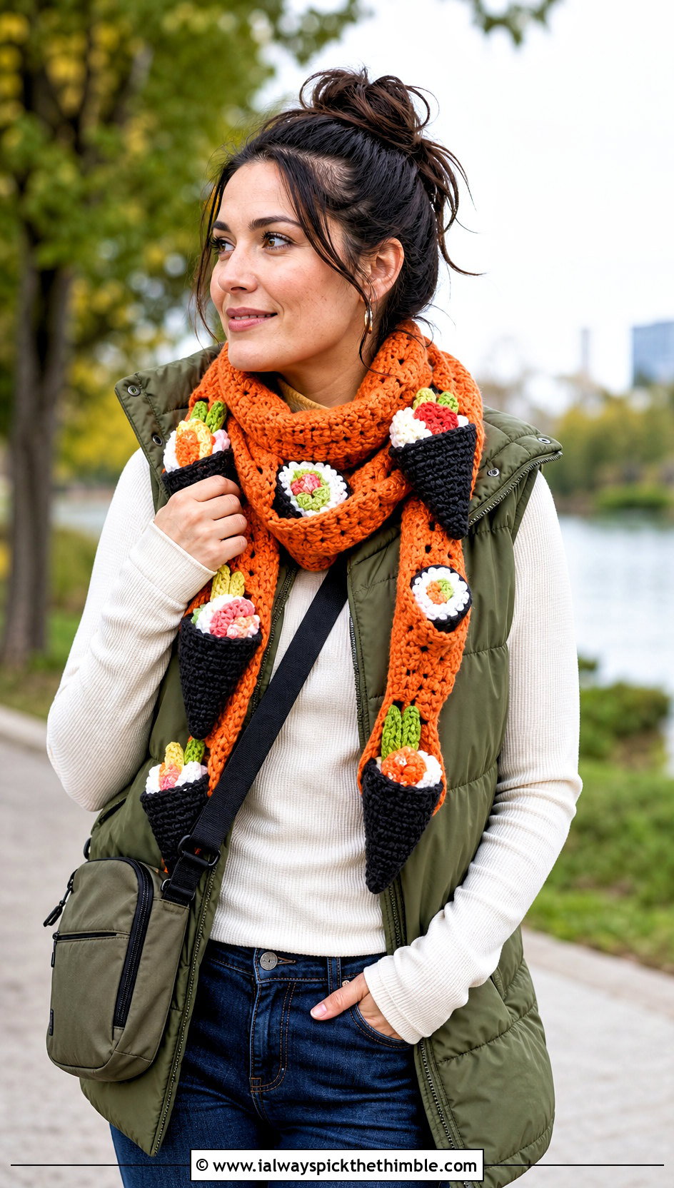 Temaki Crochet Sushi Scarf With Puffer Vest - 20 crochet sushi scarf outfit ideas