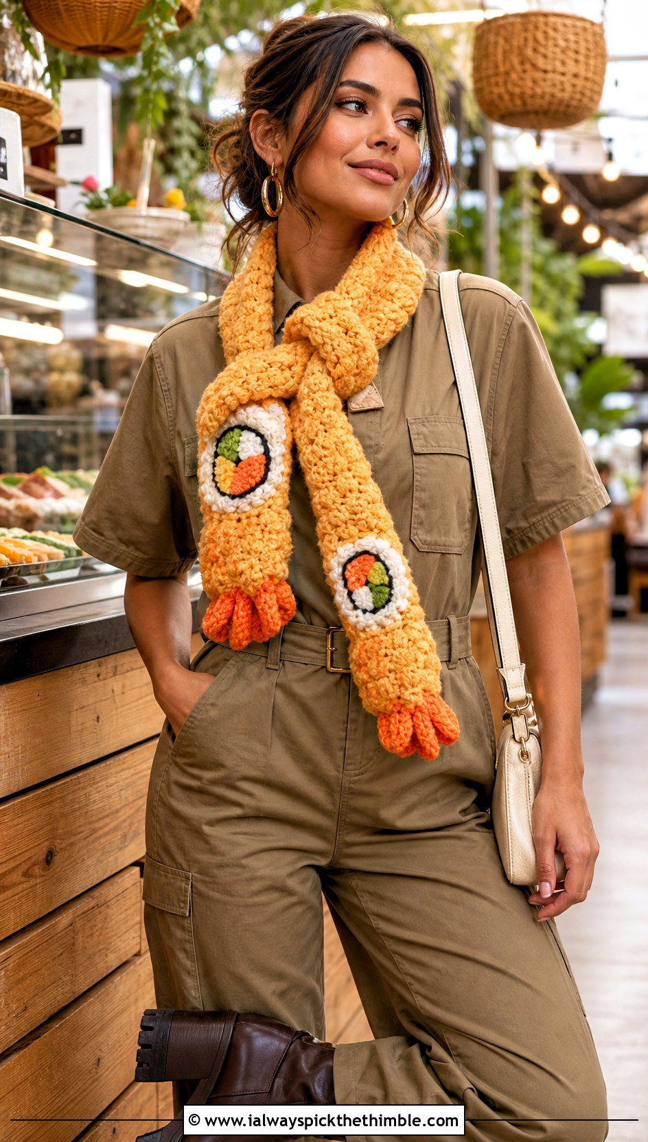 Tempura Roll Crochet Sushi Scarf With Utility Jumpsuit - 20 crochet sushi scarf outfit ideas