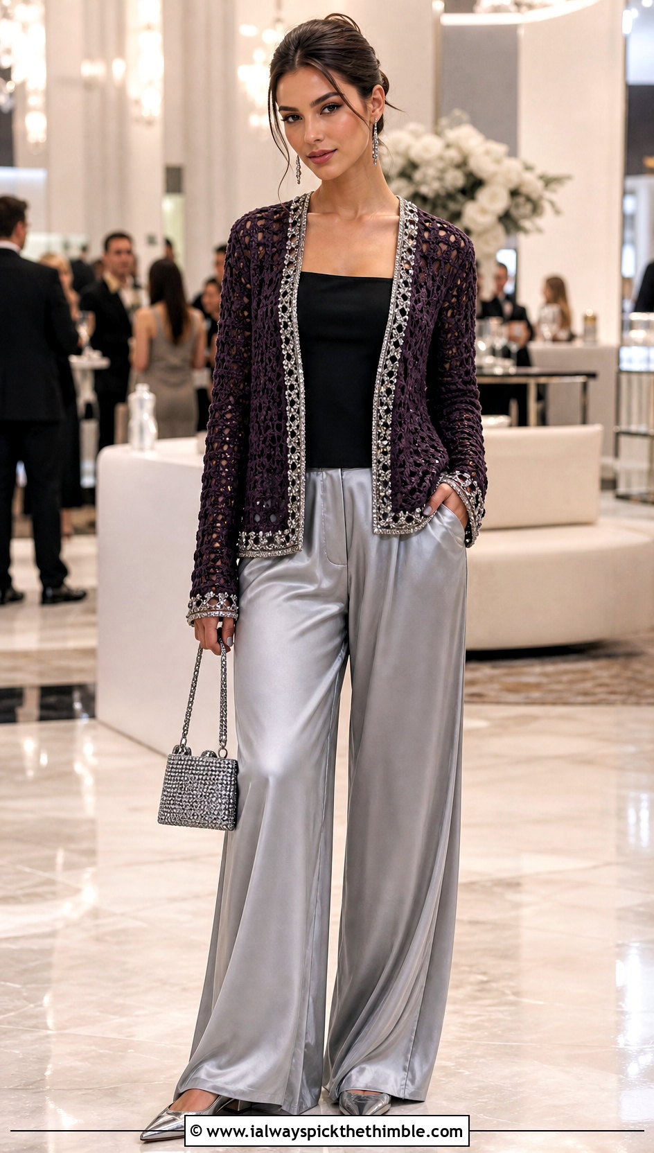 Tengen Metallic Trim Crochet Cardigan With Satin Pants - 25 Demon Slayer Crochet Cardigan outfit ideas